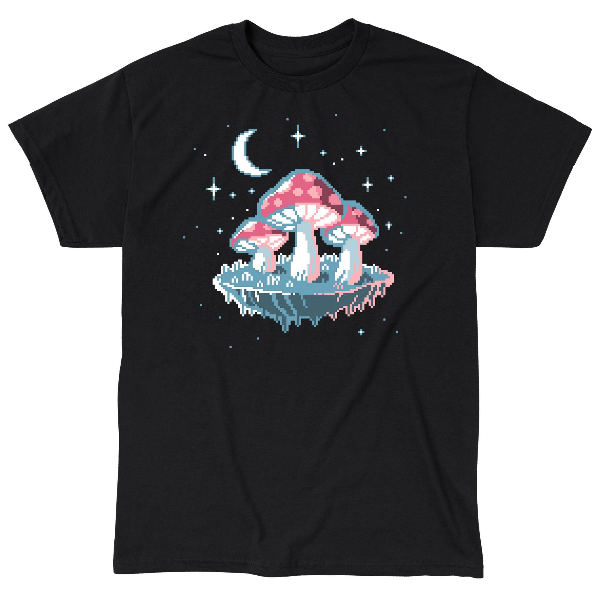 Classic Cotton T-shirt_TeeTurtle Pixel Mushrooms black t-shirt featuring a pixelated video game mushrooms with stars and the moon in the background. 