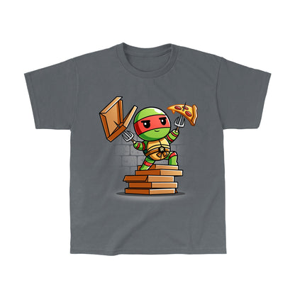 Classic Cotton T-shirt_TeeTurtle charcoal gray Pizza Power apparel featuring Raphael standing on a pile of pizza boxes with his weapons drawn.