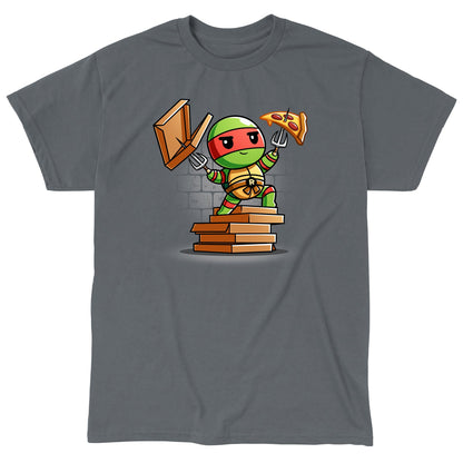 Classic Cotton T-shirt_TeeTurtle charcoal gray Pizza Power apparel featuring Raphael standing on a pile of pizza boxes with his weapons drawn.