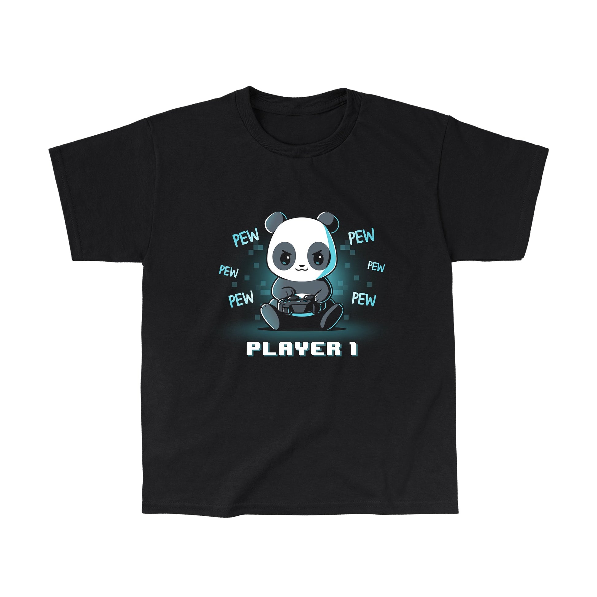 Classic Cotton T-shirt_Teeturtle Player 1 Panda black t-shirt featuring a determined panda holding a game controller with "PEW" written repeatedly around it. "PLAYER 1" is written at the bottom in pixelated text.