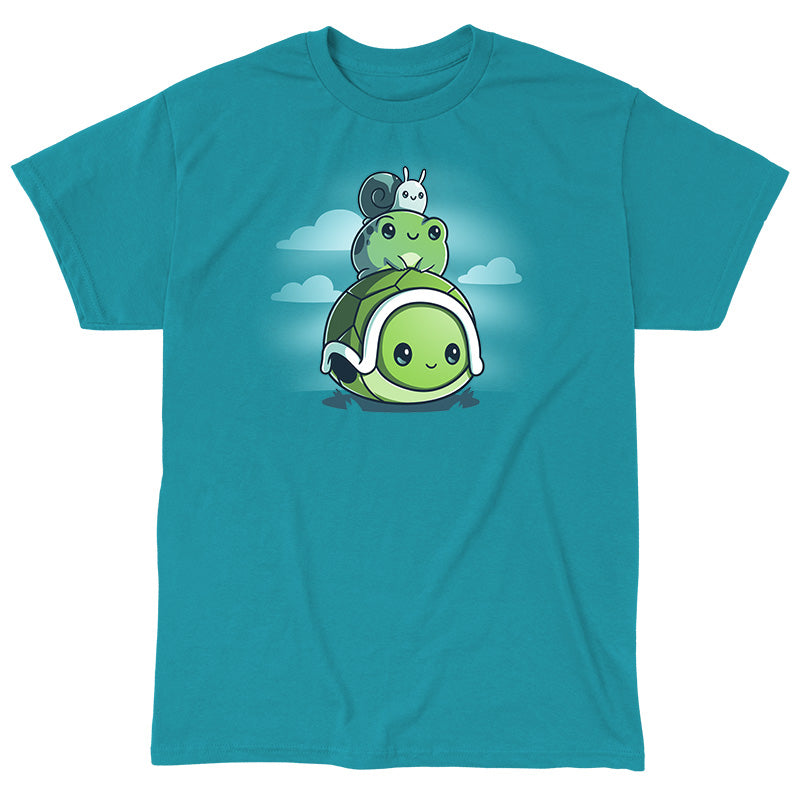 Classic Cotton T-shirt_TeeTurtle Pond Pals tropical blue t-shirt featuring a turtle with a frog sitting on its shell and a snail on top of the frog.