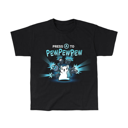 Classic Cotton T-shirt_TeeTurtle black Press A to PEWPEWPEW apparel featuring a cat holding a lot of guns.