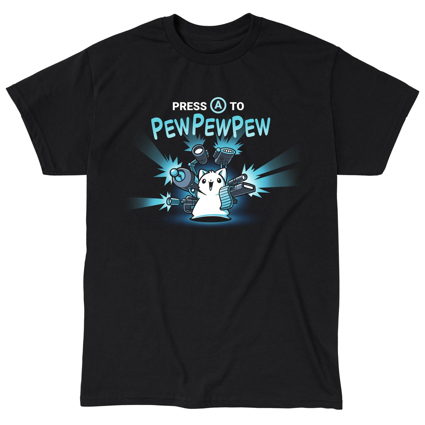 Classic Cotton T-shirt_TeeTurtle black Press A to PEWPEWPEW apparel featuring a cat holding a lot of guns.