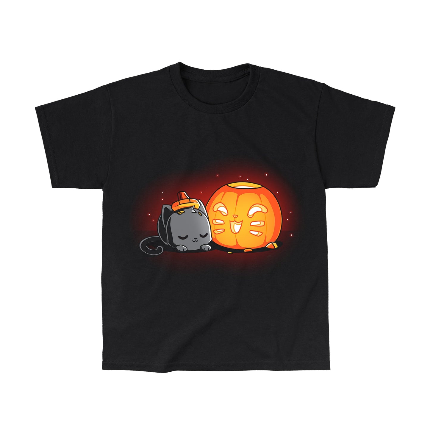 Classic Cotton T-shirt_TeeTurtle Pumpkin Carver black t-shirt featuring a cat sleeping next to a cute Halloween jack-o-lantern