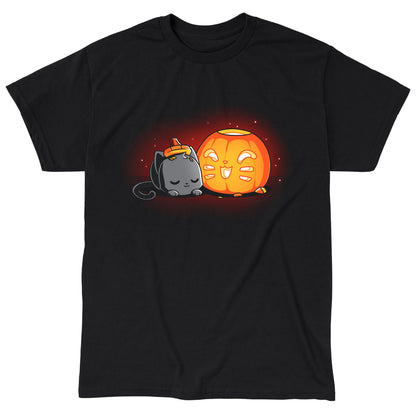 Classic Cotton T-shirt_TeeTurtle Pumpkin Carver black t-shirt featuring a cat sleeping next to a cute Halloween jack-o-lantern