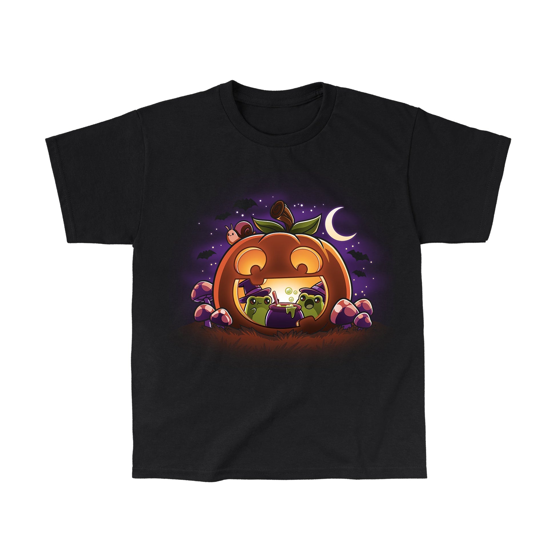 Classic Cotton T-shirt_TeeTurtle Pumpkin Frog Witches black t-shirt featuring two frogs wearing witch hats brewing a cauldron of potion inside of a happy Halloween jack-o-lantern.