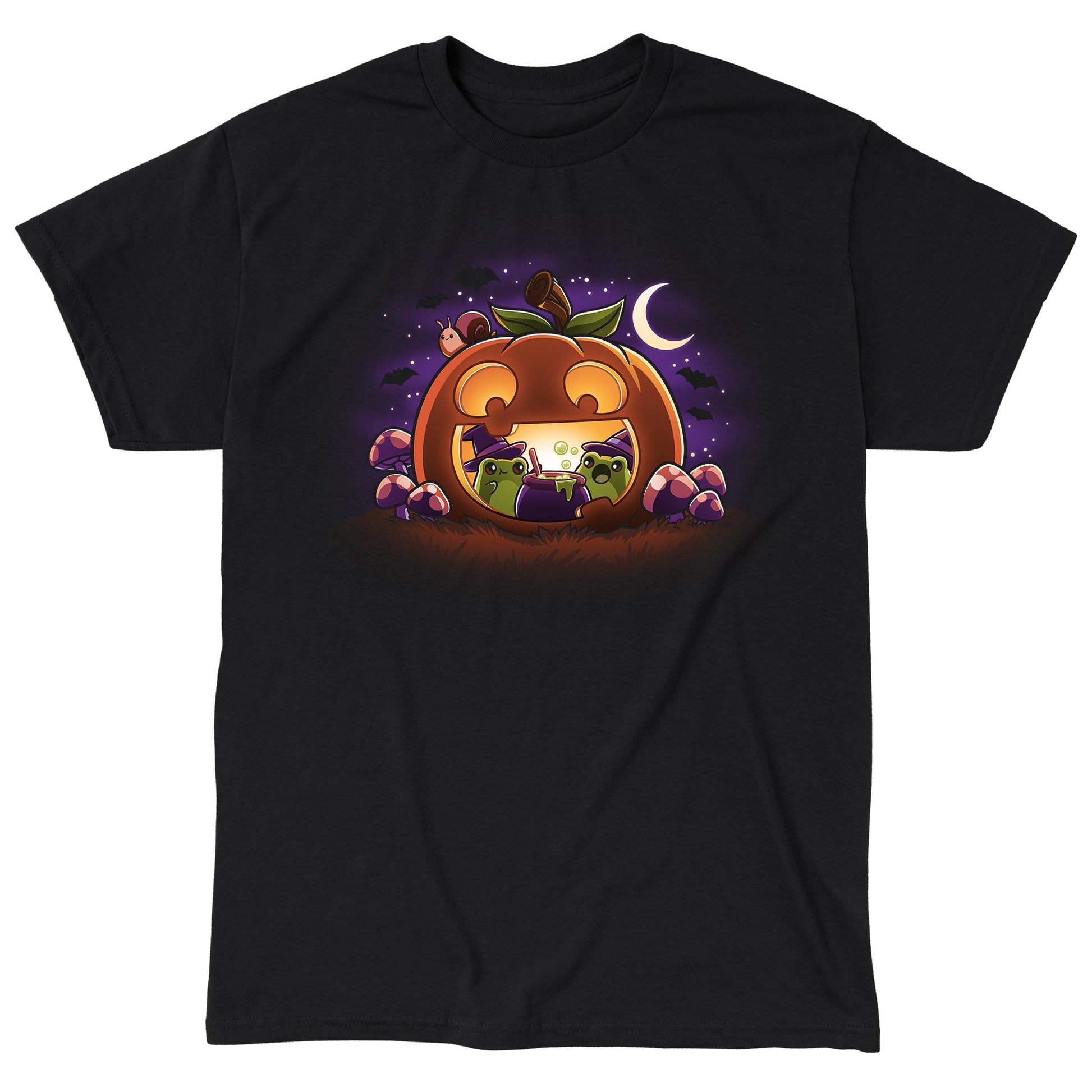 Classic Cotton T-shirt_TeeTurtle Pumpkin Frog Witches black t-shirt featuring two frogs wearing witch hats brewing a cauldron of potion inside of a happy Halloween jack-o-lantern.