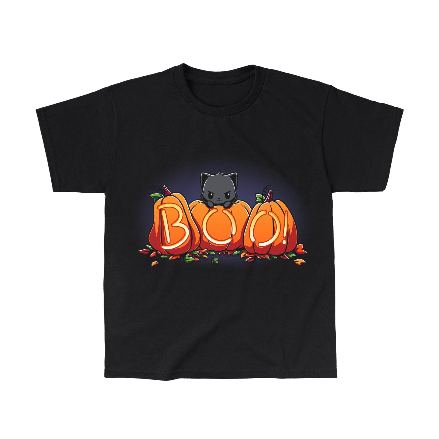 Classic Cotton T-shirt_TeeTurtle Pumpkin Kitty black t-shirt featuring a spooky black cat sitting behind three pumpkins that spell "BOO!" with glowing letters, surrounded by scattered leaves in Halloween fall colors. 