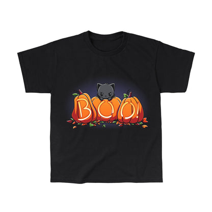 Classic Cotton T-shirt_TeeTurtle Pumpkin Kitty black t-shirt featuring a spooky black cat sitting behind three pumpkins that spell "BOO!" with glowing letters, surrounded by scattered leaves in Halloween fall colors. 