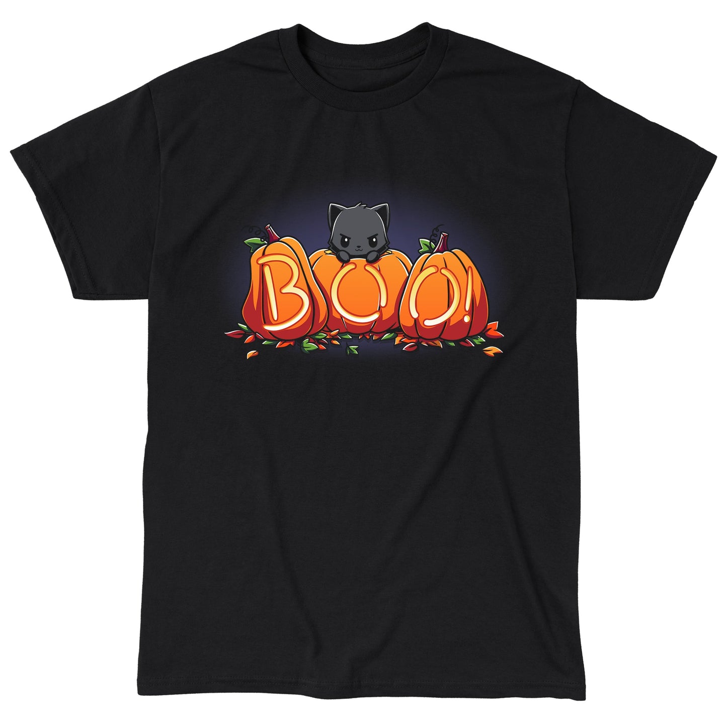 Classic Cotton T-shirt_TeeTurtle Pumpkin Kitty black t-shirt featuring a spooky black cat sitting behind three pumpkins that spell "BOO!" with glowing letters, surrounded by scattered leaves in Halloween fall colors. 