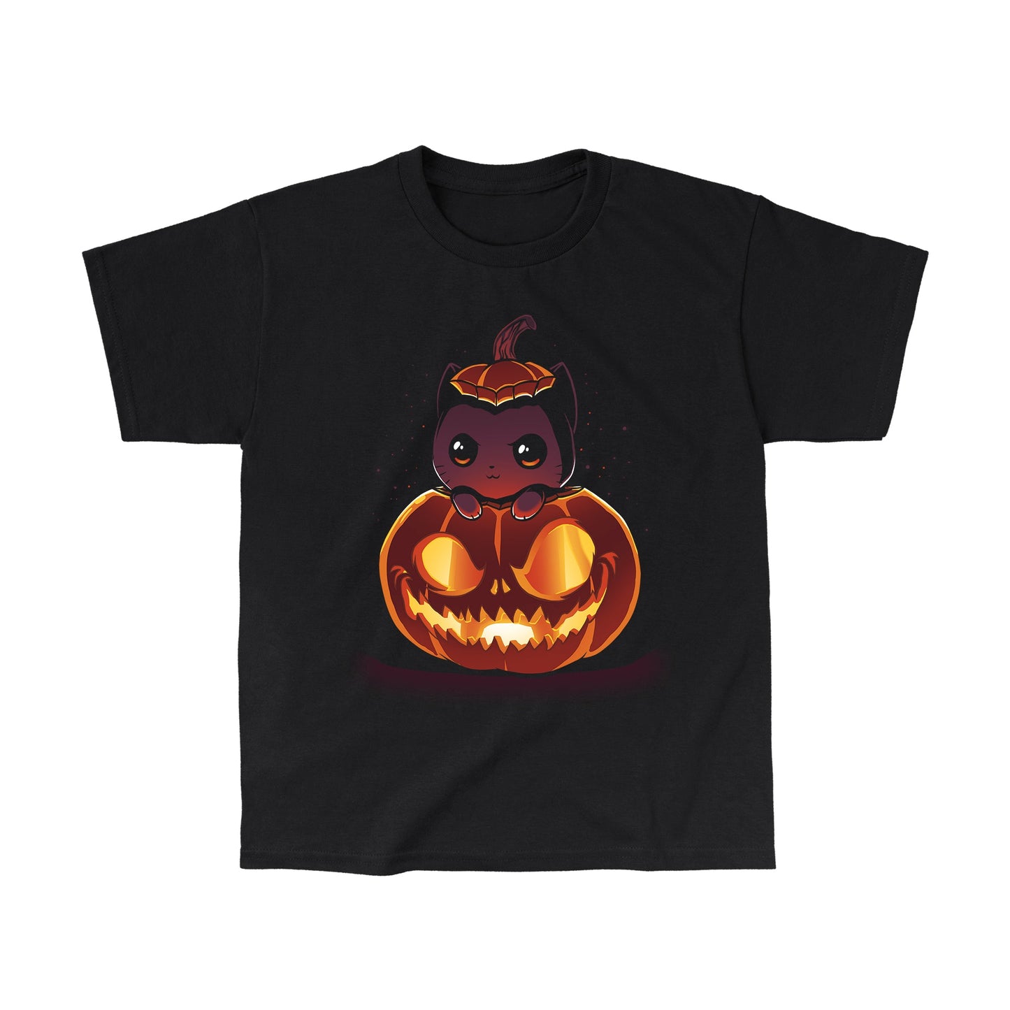 Classic Cotton T-shirt_TeeTurtle black Pumpkitten. Featuring a cat popping out of a spooky jack-o-lantern pumpkin.