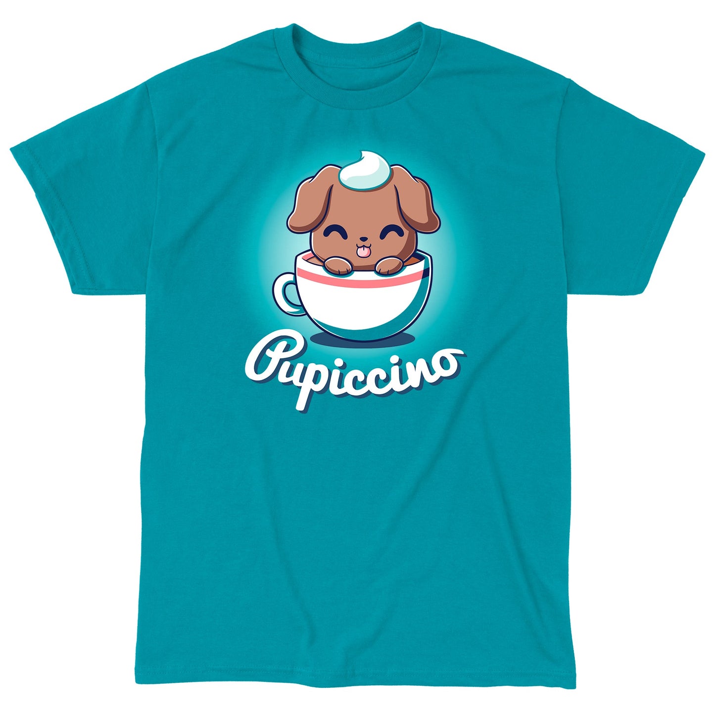 Classic Cotton T-shirt_TeeTurtle Pupiccino Tropical Blue t-shirt featuring a kawaii and sweet brown puppy in a coffee cup with whipped cream on his head and his tongue sticking out.