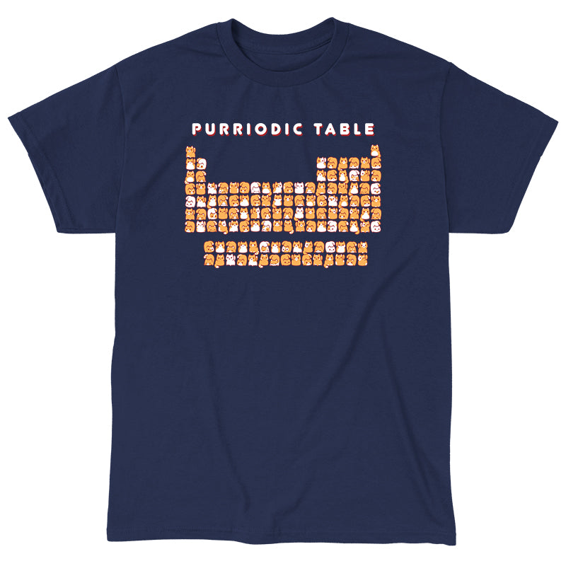 Classic Cotton T-shirt_TeeTurtle Purriodic Table navy blue t-shirt featuring a periodic table chart with elements represented by cats.