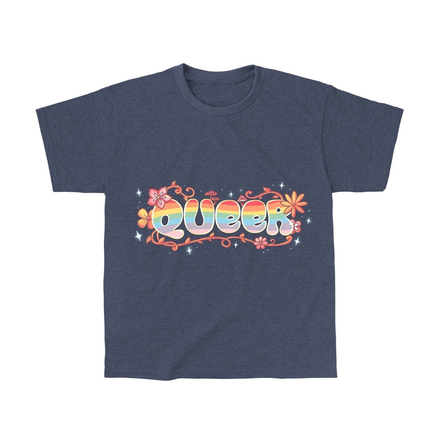 Classic Cotton T-shirt_TeeTurtle Queer heather navy t-shirt featuring an artistic "queer" word filled with rainbows and surrounded by flowers, vines, and mushrooms.