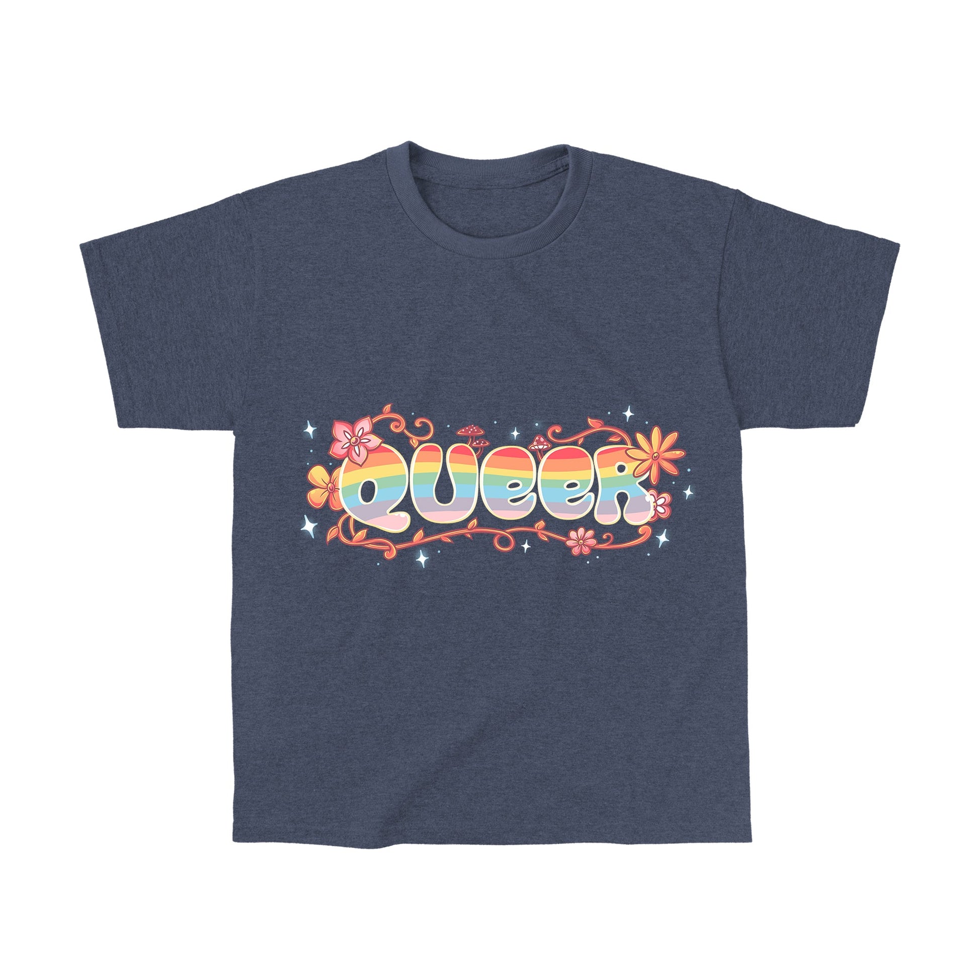 Classic Cotton T-shirt_TeeTurtle Queer heather navy t-shirt featuring an artistic "queer" word filled with rainbows and surrounded by flowers, vines, and mushrooms.