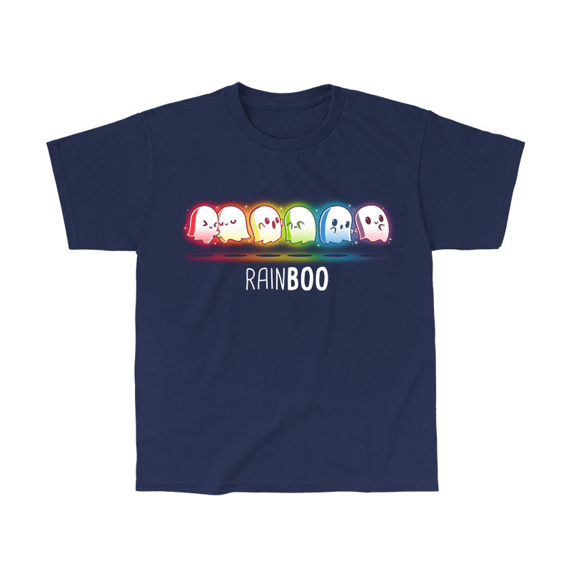 Classic Cotton T-shirt_TeeTurtle Rainboo Navy Blue t-shirt featuring six colorful spooky pride ghosts arranged in a line, each representing a color of the rainbow. The word "RAINBOO" is below them, with the "BOO" in a different font for emphasis.