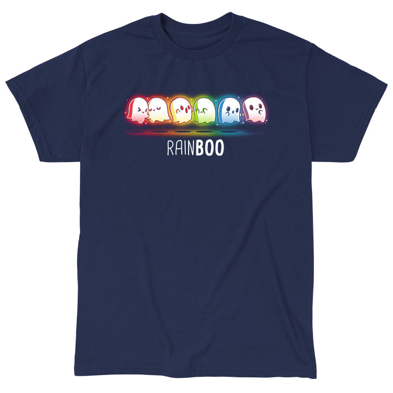 Classic Cotton T-shirt_TeeTurtle Rainboo Navy Blue t-shirt featuring six colorful spooky pride ghosts arranged in a line, each representing a color of the rainbow. The word "RAINBOO" is below them, with the "BOO" in a different font for emphasis.