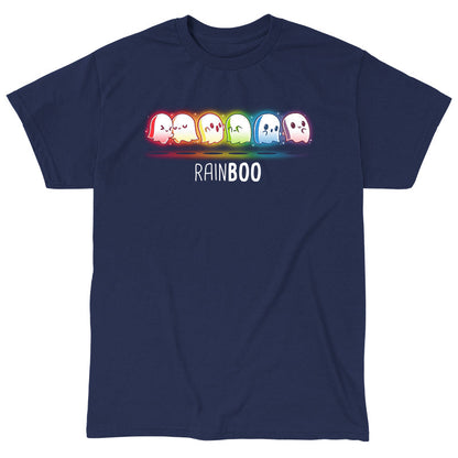 Classic Cotton T-shirt_TeeTurtle Rainboo Navy Blue t-shirt featuring six colorful spooky pride ghosts arranged in a line, each representing a color of the rainbow. The word "RAINBOO" is below them, with the "BOO" in a different font for emphasis.