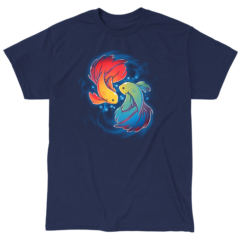 Classic Cotton T-shirt_TeeTurtle Rainbow Betta navy blue t-shirt featuring two colorful Rainbow Betta fish displaying their pride colors swimming in a circular pattern.