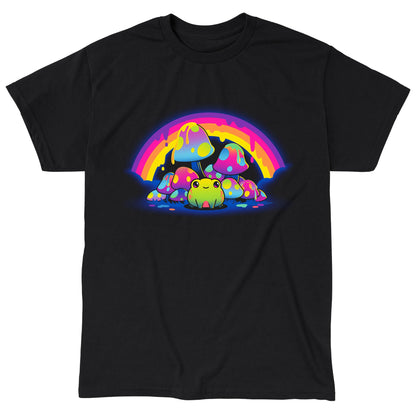 Classic Cotton T-shirt_TeeTurtle Rainbow Drip black t-shirt featuring a smiling frog sitting among colorful, spotted mushrooms with a dripping rainbow arching overhead.