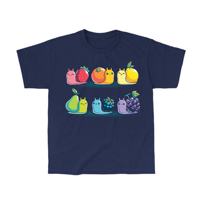 Classic Cotton T-shirt_TeeTurtle Rainbow Fruit Snails navy blue t-shirt featuring six colorful rainbow fruit snails with fruit shells: strawberry, orange, lemon, pear, blackberry, and grape.