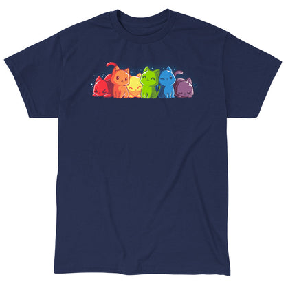 Classic Cotton T-shirt_TeeTurtle navy blue Rainbow Kitties. Featuring a row of kittens in a rainbow color sequence.