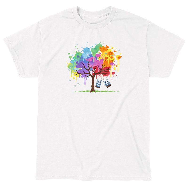 Classic Cotton T-shirt_TeeTurtle Rainbow Panda Pals white t-shirt featuring two pandas swinging on a tree with multicolored paint splatters as leaves.