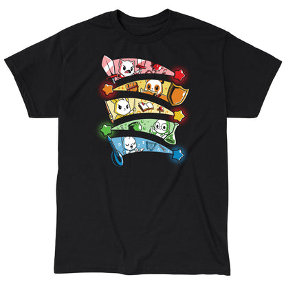 Classic Cotton T-shirt_Teeturtle Rainbow Party Animals black t-shirt featuring a cat, a panda, a bunny, a turtle and a squirrel, each of a different RPG class framed in the different rainbow-colored trails of a star against a black background.