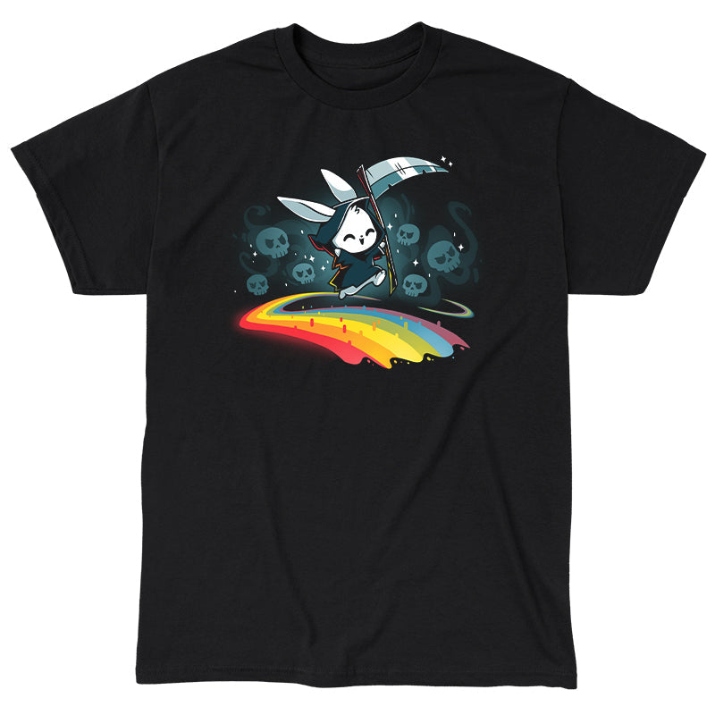 Classic Cotton T-shirt_TeeTurtle Rainbow Reaper black t-shirt featuring a grim reaper bunny smiling and hopping along a rainbow pathway with skulls and sparkles behind them