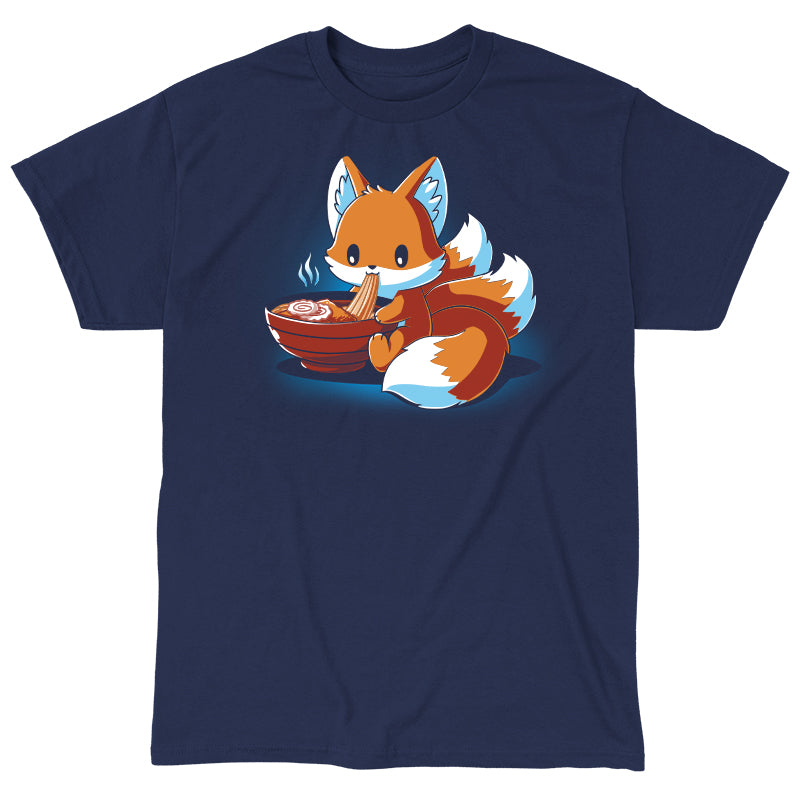 Classic Cotton T-shirt_A cartoon fox, known as the Ramen Kitsune, is sitting and eating noodles from a bowl, holding the noodles with its paws. Steam rises from the bowl. This charming scene is printed on a super soft ringspun cotton navy blue monsterdigital Ramen Kitsune apparel.