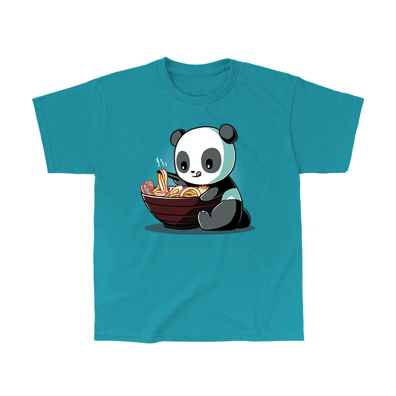 Classic Cotton T-shirt - Illustration of a Ramen Panda eating noodles from a large bowl with chopsticks in its right hand, set against a teal background on a Caribbean Blue apparel by monsterdigital.