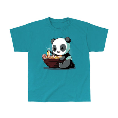 Classic Cotton T-shirt - Illustration of a Ramen Panda eating noodles from a large bowl with chopsticks in its right hand, set against a teal background on a Caribbean Blue apparel by monsterdigital.