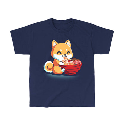 Classic Cotton T-shirt_The Ramen Shiba design from monsterdigital features a cute cartoon Shiba Inu dog happily eating a large bowl of ramen noodles with various toppings, all printed on a super soft ringspun cotton navy blue apparel. The dark background adds an extra charm to this cozy and stylish tee.