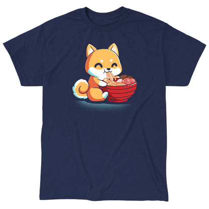 Classic Cotton T-shirt_The Ramen Shiba design from monsterdigital features a cute cartoon Shiba Inu dog happily eating a large bowl of ramen noodles with various toppings, all printed on a super soft ringspun cotton navy blue apparel. The dark background adds an extra charm to this cozy and stylish tee.