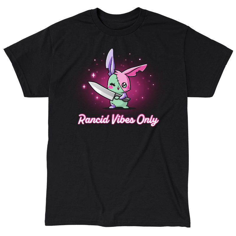 Classic Cotton T-shirt_TeeTurtle black Rancid Vibes Only. Featuring a patchwork bunny holding a large knife.