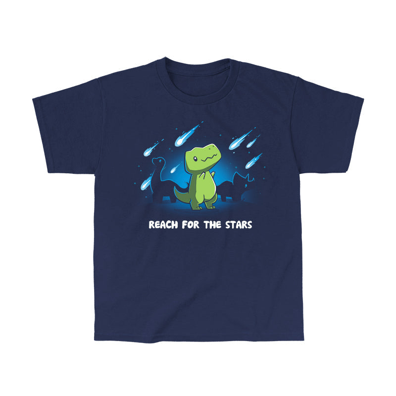 Classic Cotton T-shirt_TeeTurtle Reach For The Stars (T-Rex) Navy Blue t-shirt featuring a dinosaur under a night sky with comets