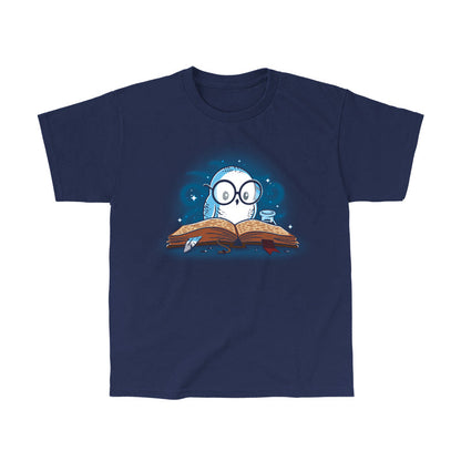 Classic Cotton T-shirt_TeeTurtle navy blue Reading is Magical. Featuring a white owl reading a book.