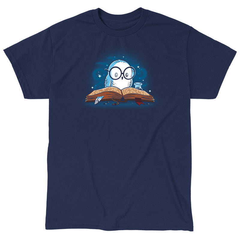 Classic Cotton T-shirt_TeeTurtle navy blue Reading is Magical. Featuring a white owl reading a book.