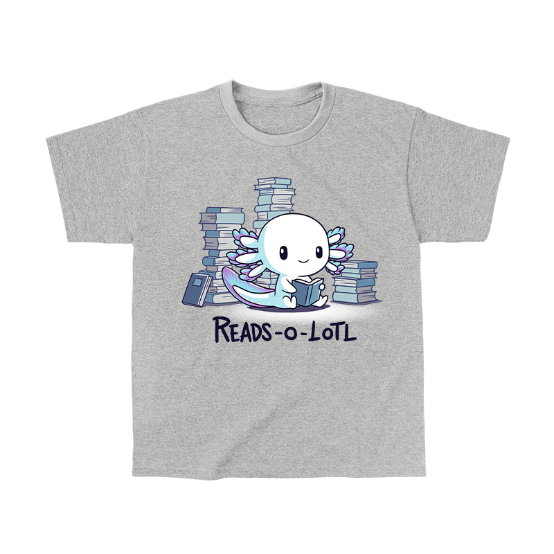 Classic Cotton T-shirt_TeeTurtle Reads-o-lotl heather gray t-shirt featuring a cute white and blue purple axolotl reading a book, surrounded by stacks of books, with the text "READS-O-LOTL" below.