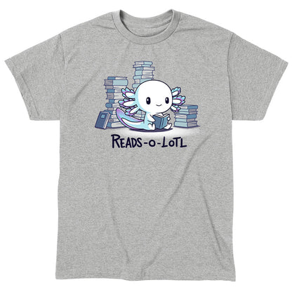 Classic Cotton T-shirt_TeeTurtle Reads-o-lotl heather gray t-shirt featuring a cute white and blue purple axolotl reading a book, surrounded by stacks of books, with the text "READS-O-LOTL" below.