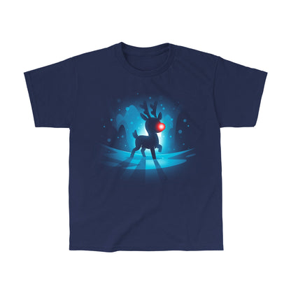 Classic Cotton T-shirt_TeeTurtle Red-Nosed Reindeer navy blue t-shirt featuring a silhouette of a reindeer with a glowing red nose, standing on a reflective surface with a blue, snowy Christmas background.