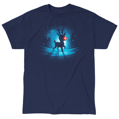 Classic Cotton T-shirt_TeeTurtle Red-Nosed Reindeer navy blue t-shirt featuring a silhouette of a reindeer with a glowing red nose, standing on a reflective surface with a blue, snowy Christmas background.