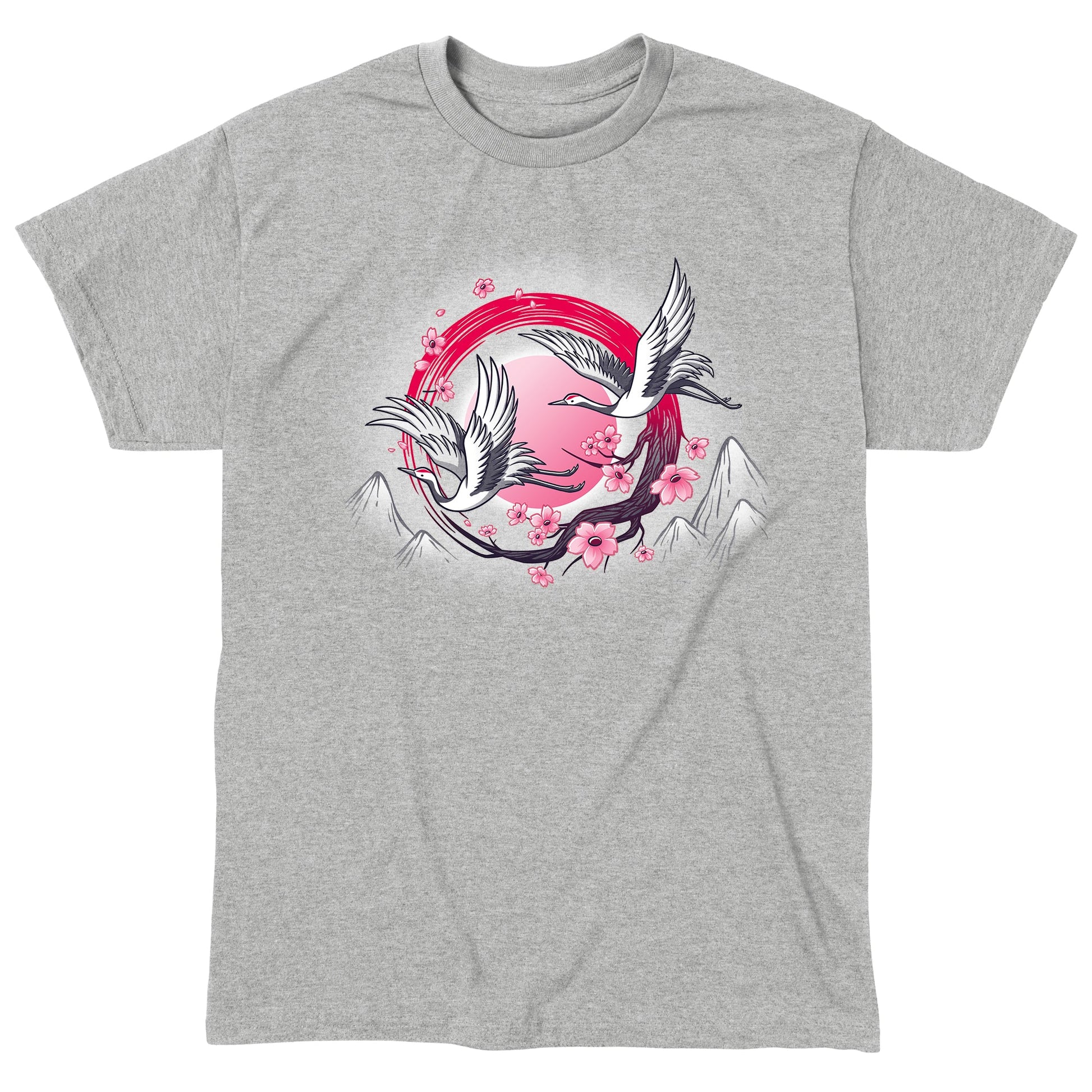 Classic Cotton T-shirt_TeeTurtle Red-Crowned Cranes heather gray t-shirt featuring an illustration of two cranes in flight with pink sakura blossoms, a red circular element, and stylized mountains in the background. 