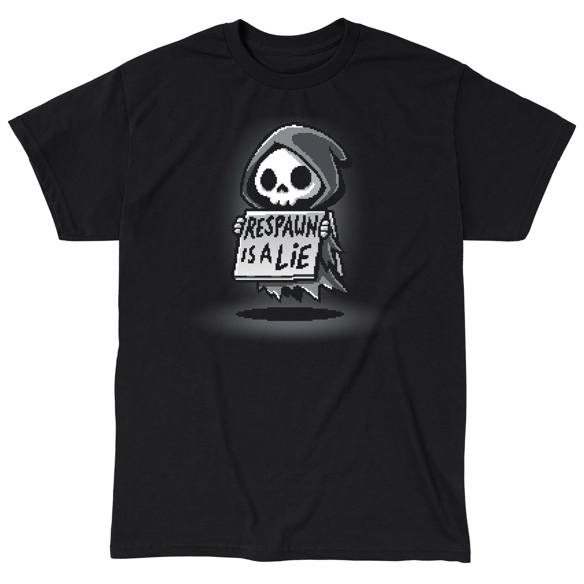 Classic Cotton T-shirt_TeeTurtle Respawn is a Lie black t-shirt featuring video game pixel art of a small grim reaper character holding a sign that reads "Respawn is a Lie" with a spotlight on the character.