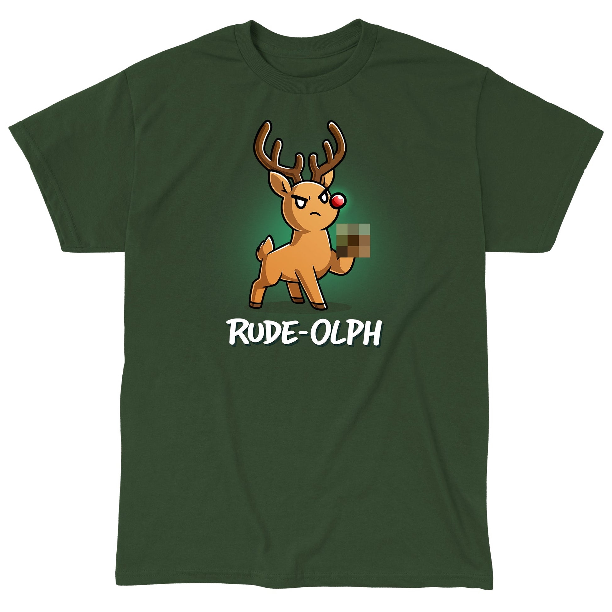 Classic Cotton T-shirt_TeeTurtle forest green Rude-Olph apparel featuring an angry reindeer with a red nose with a censored hoof up in the air.