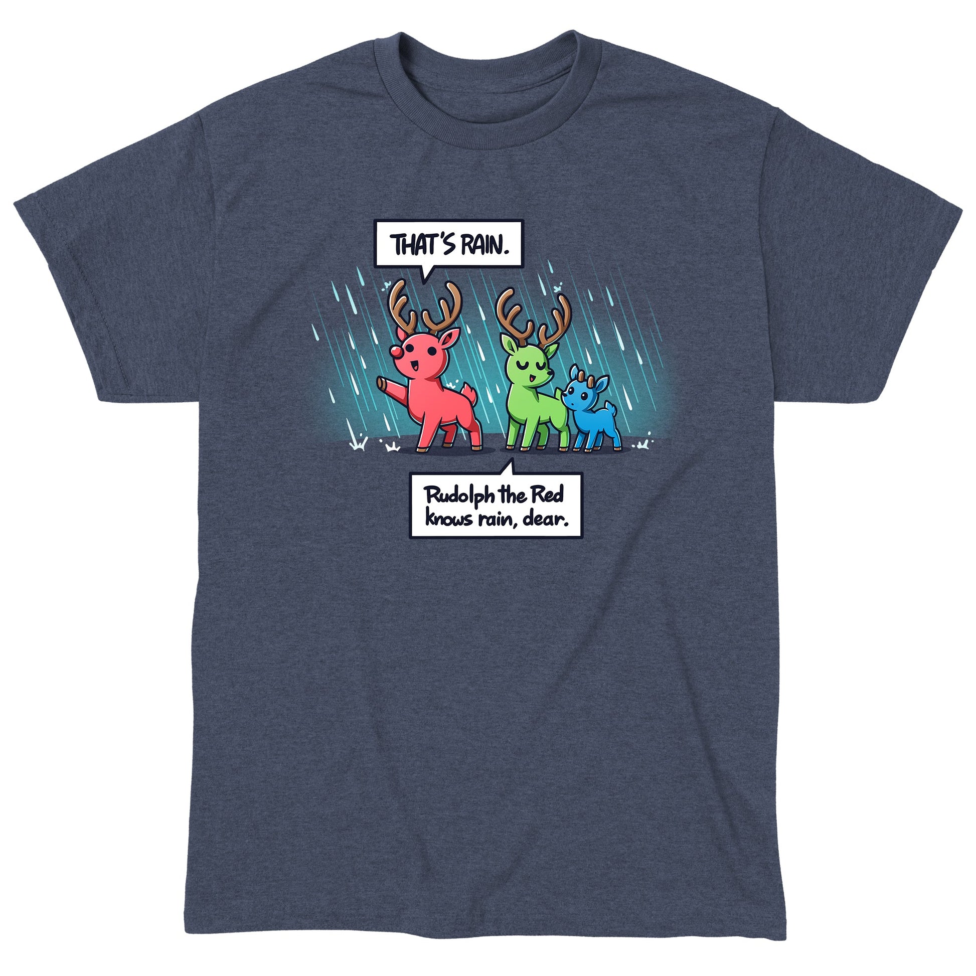 Classic Cotton T-shirt_TeeTurtle heather navy Rudolph The Red Knows Rain, Dear apparel featuring a red deer, green deer, and blue deer in the rain with the red deer pointing out the rain.