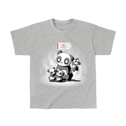 Classic Cotton T-shirt_TeeTurtle Running on Empty heather gray t-shirt featuring a cartoon of a parent panda with two cubs fighting in front of the parent and one cub hanging from the parent's ear with a low battery icon overhead.