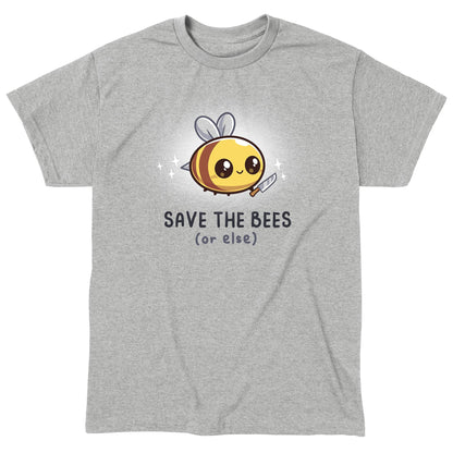 Classic Cotton T-shirt_TeeTurtle Save The Bees (or else) heather gray t-shirt featuring A bee with a knife and sparkles around it.