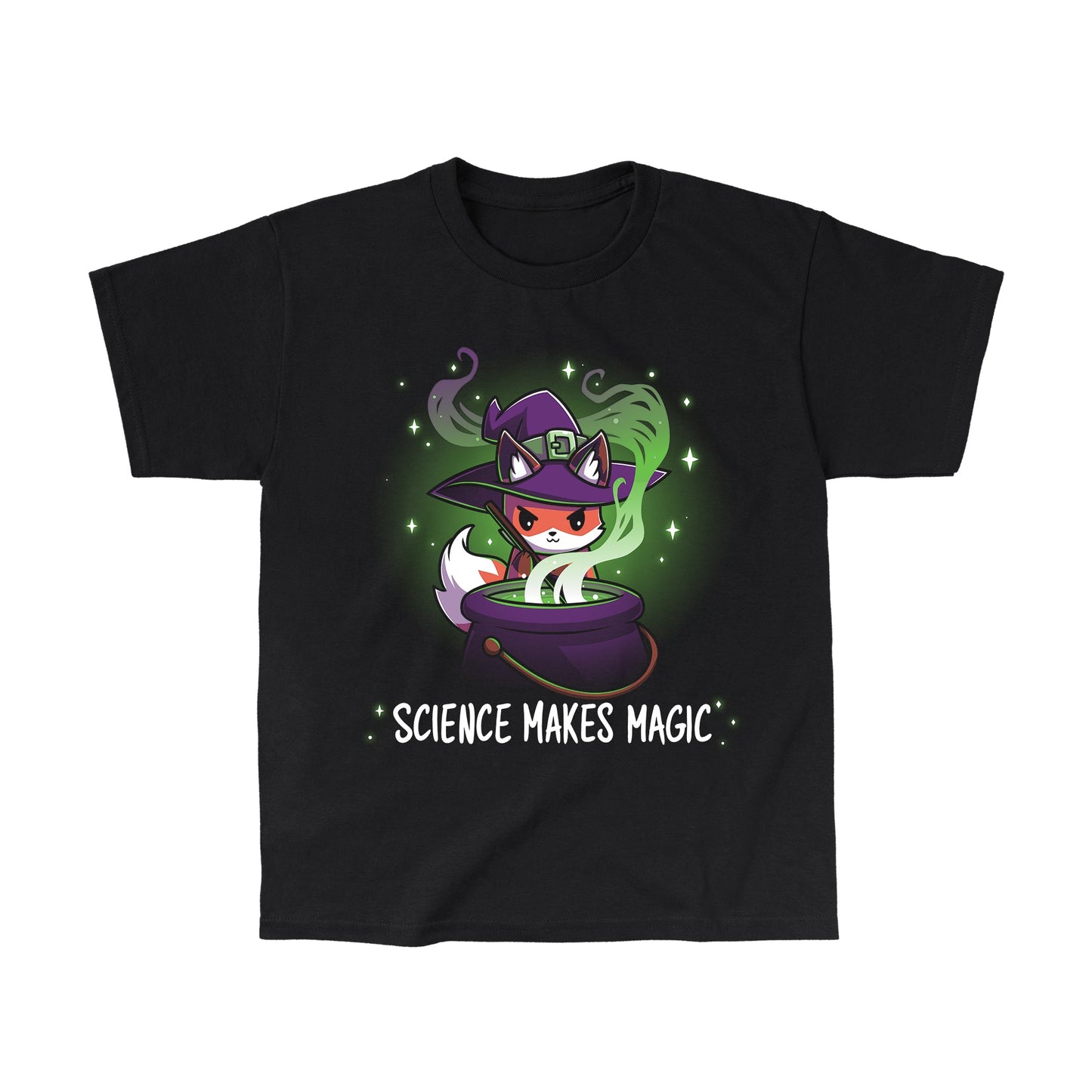 Classic Cotton T-shirt_TeeTurtle Science Makes Magic black t-shirt featuring a fantasy fox wearing a purple witch hat, stirring a cauldron with green smoke and sparkles rising. Text below reads, "SCIENCE MAKES MAGIC."