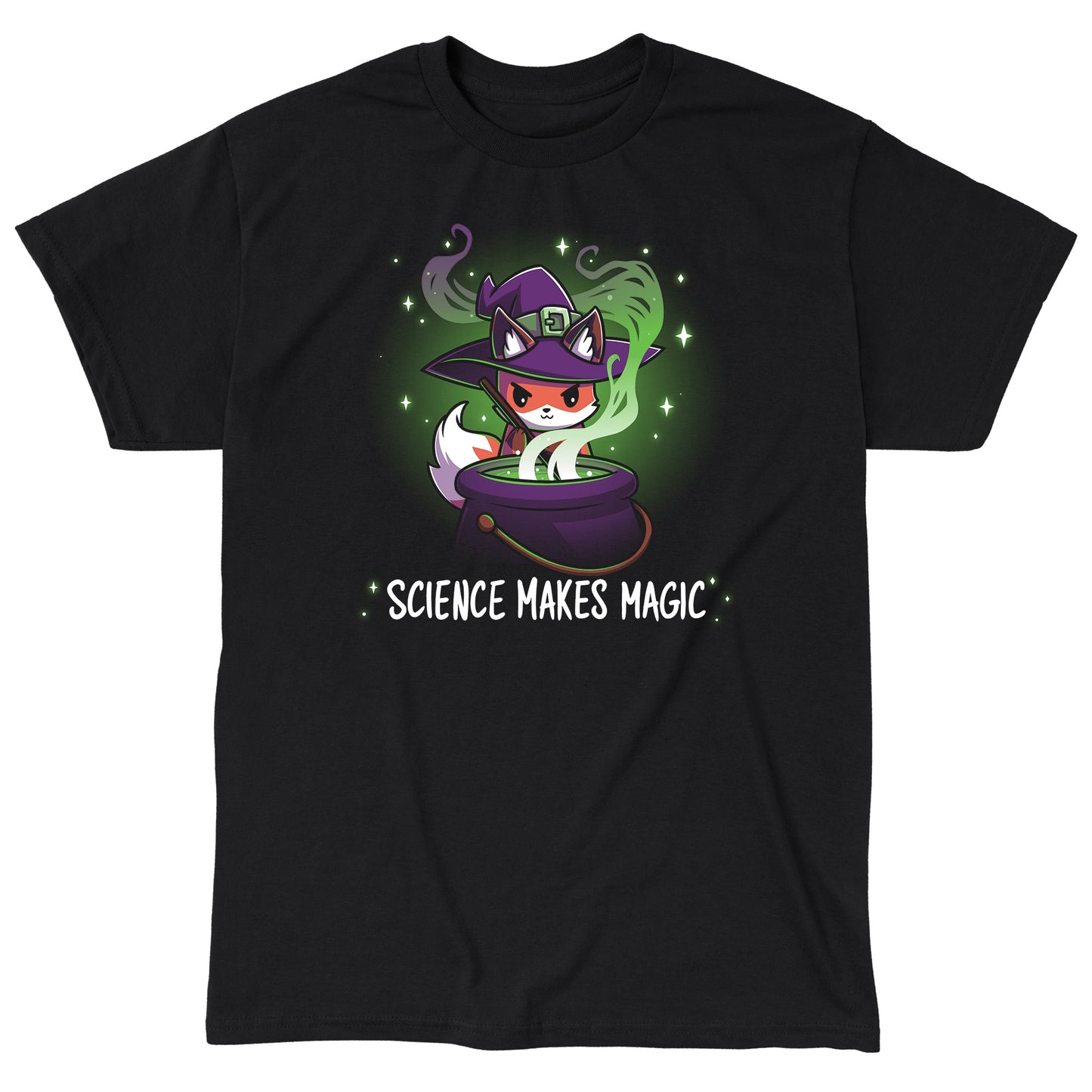 Classic Cotton T-shirt_TeeTurtle Science Makes Magic black t-shirt featuring a fantasy fox wearing a purple witch hat, stirring a cauldron with green smoke and sparkles rising. Text below reads, "SCIENCE MAKES MAGIC."